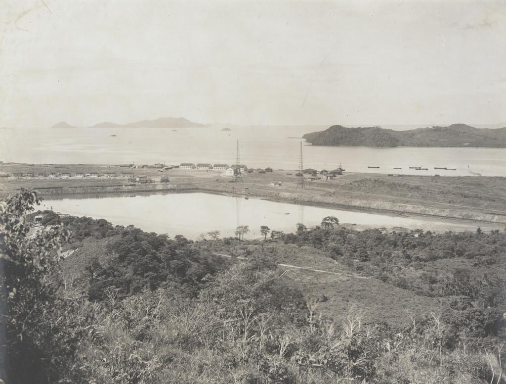 General view, looking west from Ancon Hill, showing barracks at Ft. Amador, radio station and Pacific entrance to Canal
