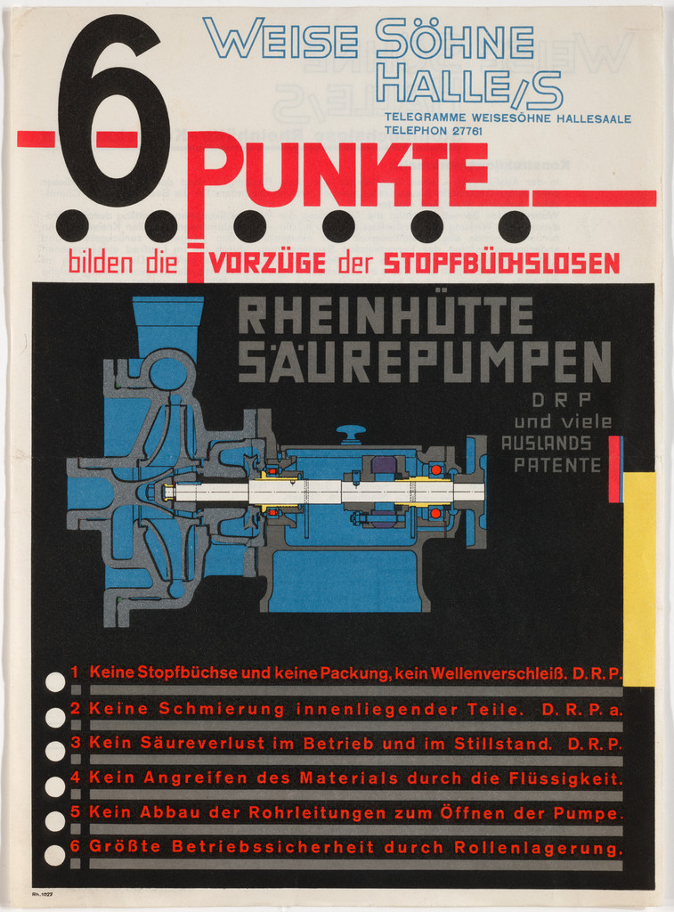 6 Punktebilden die Vorzüge der Stopfbüchslosen Rheinhütte Säurepumpen, Weise Söhne, Halle/Saale