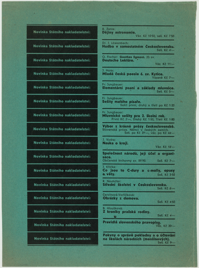 Novinky Statniho nakladatelstvi (Price list for new books for schools)