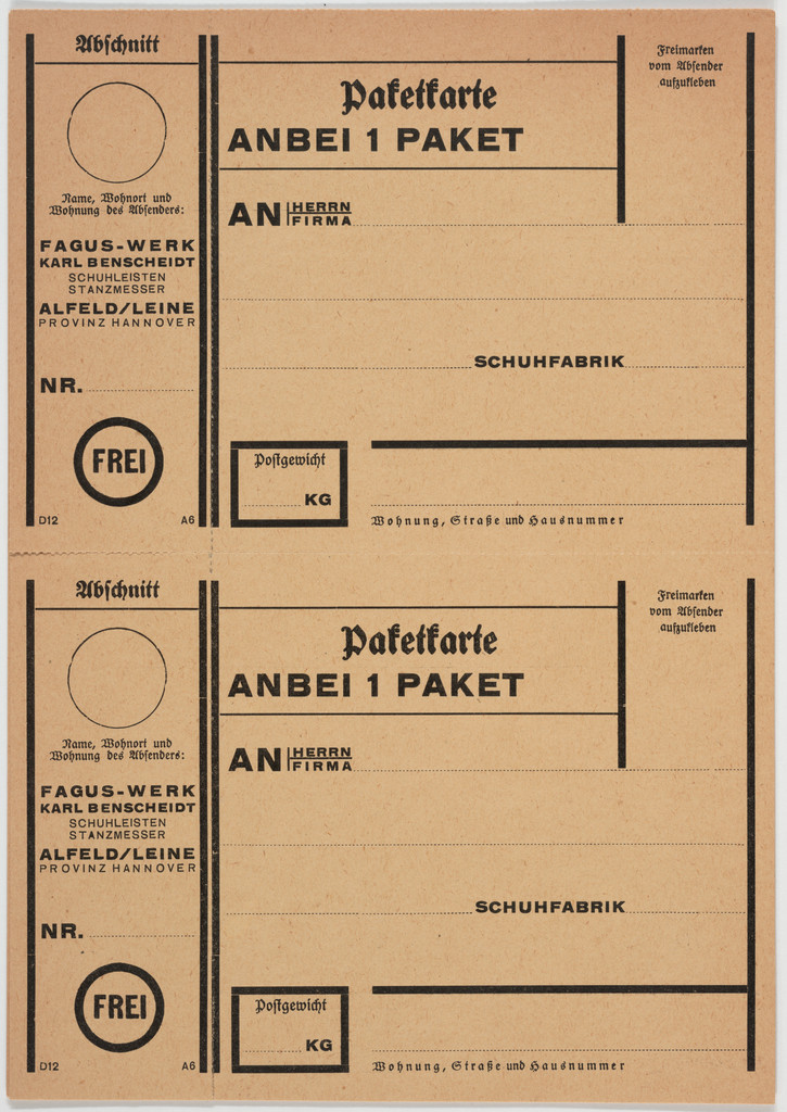 Paketkarte/Anbei 1 Paket, Fagus-Werk Karl Benscheidt
