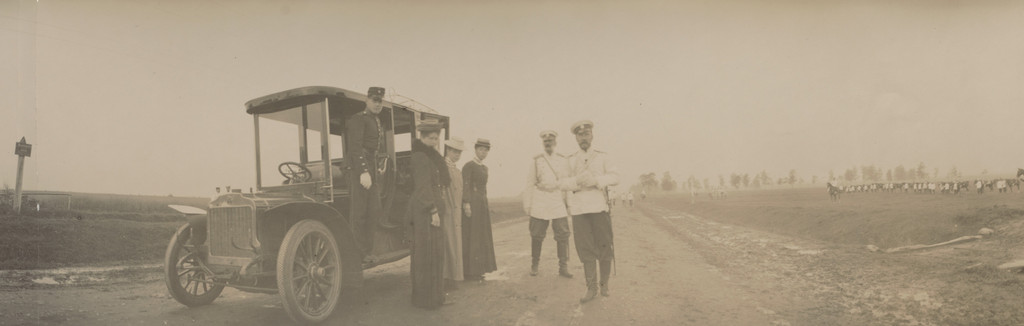 Empress Alexandra Feodorovna; Grand Duchesses Xenia and Olga Alexandrovna; Grand Duke Vladimir Alexandrovich and Emperor Nicholas II Standing Beside Car