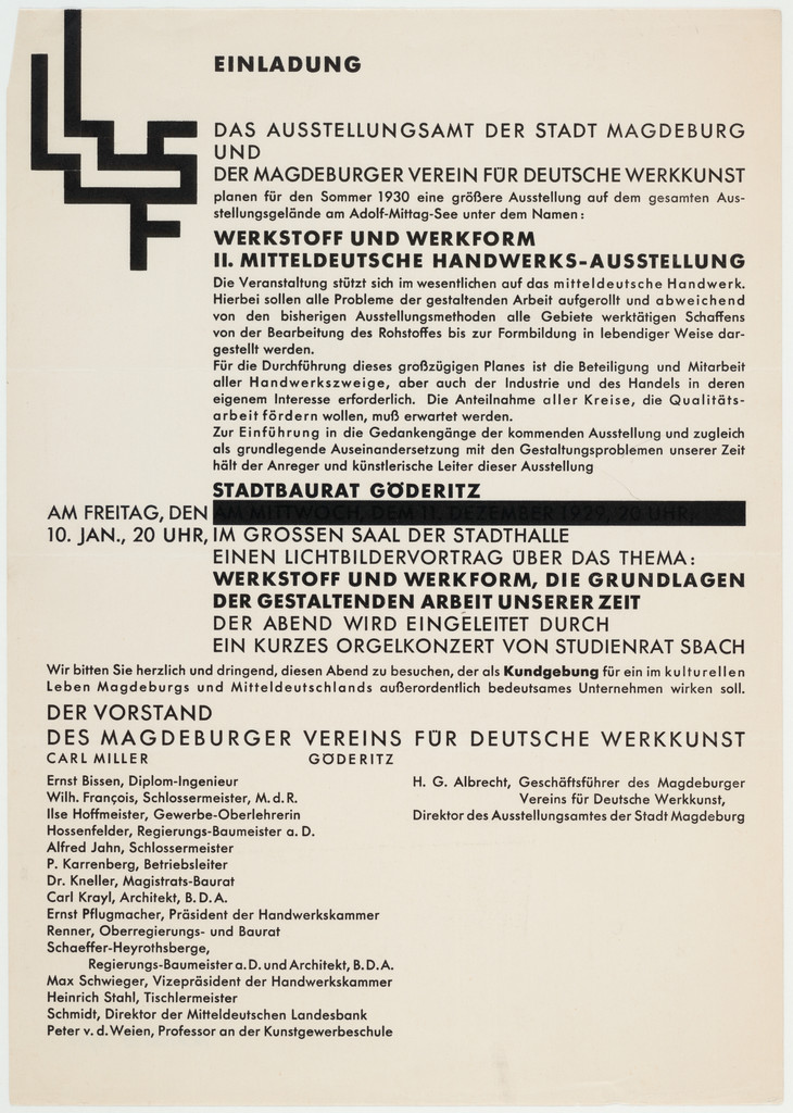 Einladung, das Ausstellungsamt der Stadt Magdeburg und der Magdeburger Verein für Deutsche Werkkunst