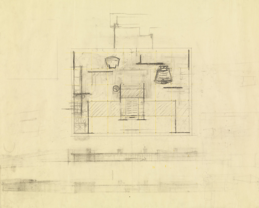 IIT Master Plan, Chicago, Illinois, Student Union building.  Plan.  Elevation.  Two exterior perspectives