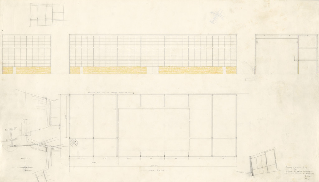 IITRI Minerals and Metals Research Building, Chicago, Illinois, Two exterior elevations, section and plan.  Structural details.  Perspectives.