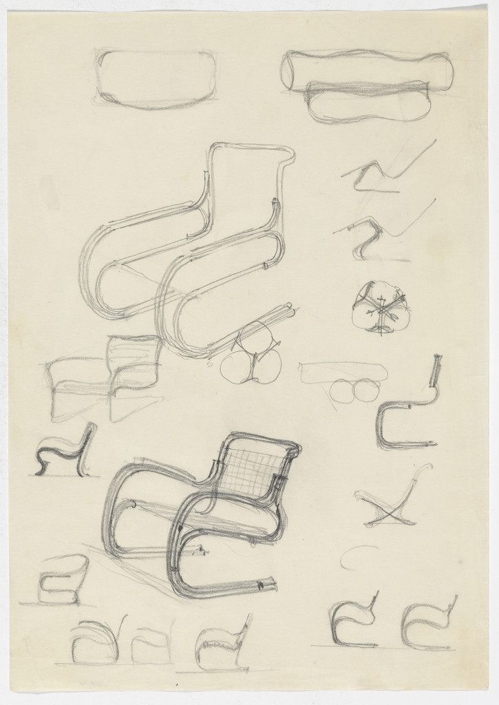 Lounge Chair with Arms. Lounge Chair without Arms. Reclining Chair without Arms., Perspective and elevation sketches
