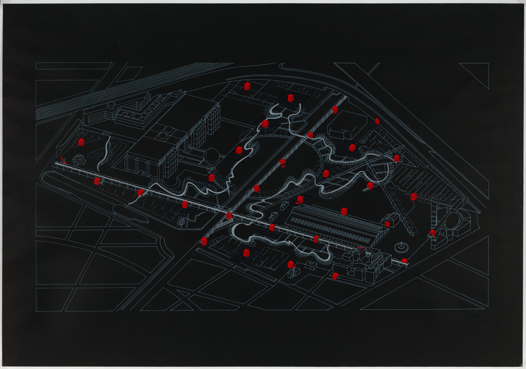 Parc de la Villette, Paris, France, Aerial perspective of follies
