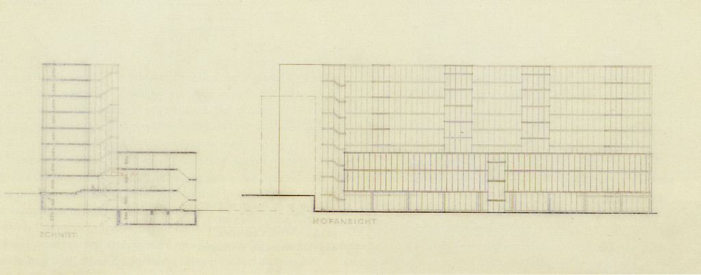 Bank and Office Building, project, Stuttgart, Germany, Transverse section and elevation facing interior court