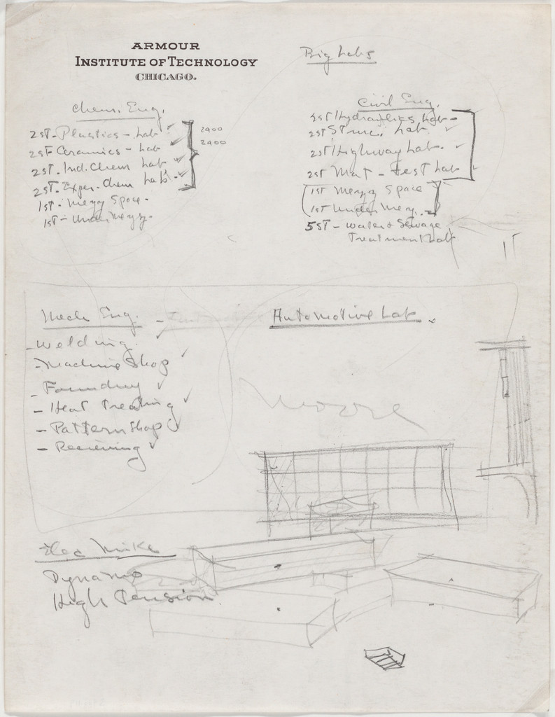 IIT Master Plan, Chicago, Illinois, Aerial perspective and elevation, notes, sketch