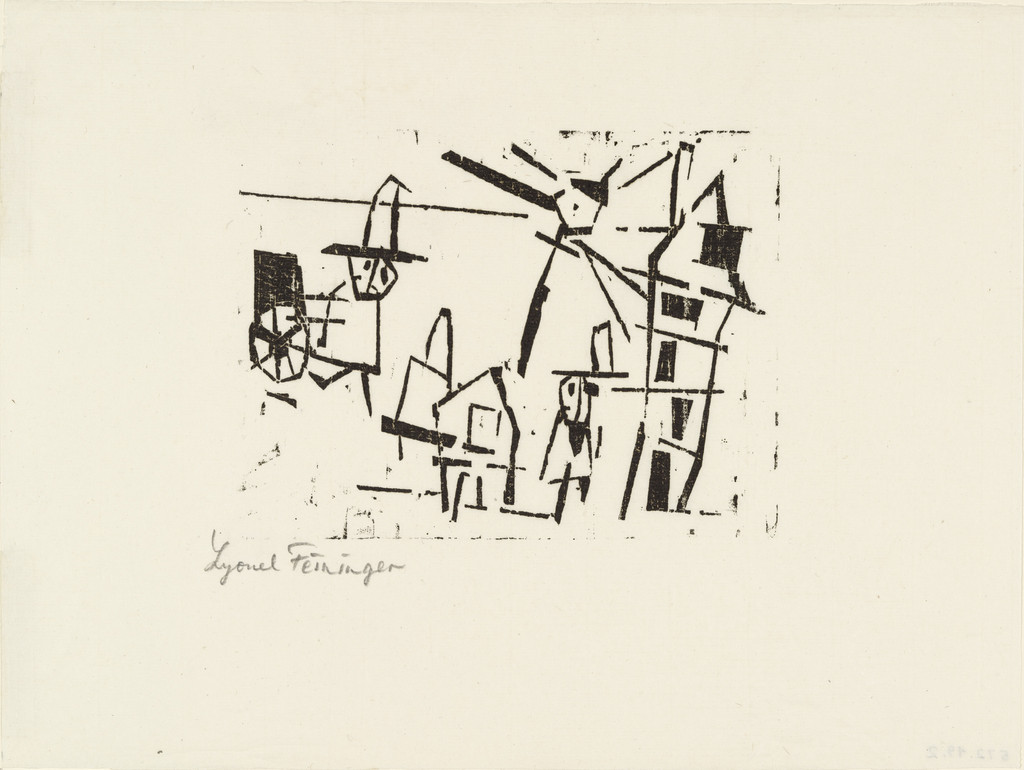 Men, Houses, Lantern, and Pushcart (Männer, Häuser, Laterne und Schiebkarren) from Ten Woodcuts by Lyonel Feininger