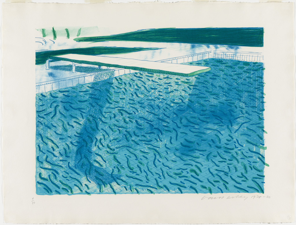 Lithograph of Water Made of Thick and Thin Lines, a Green Wash, a Light Blue Wash, and a Dark Blue Wash